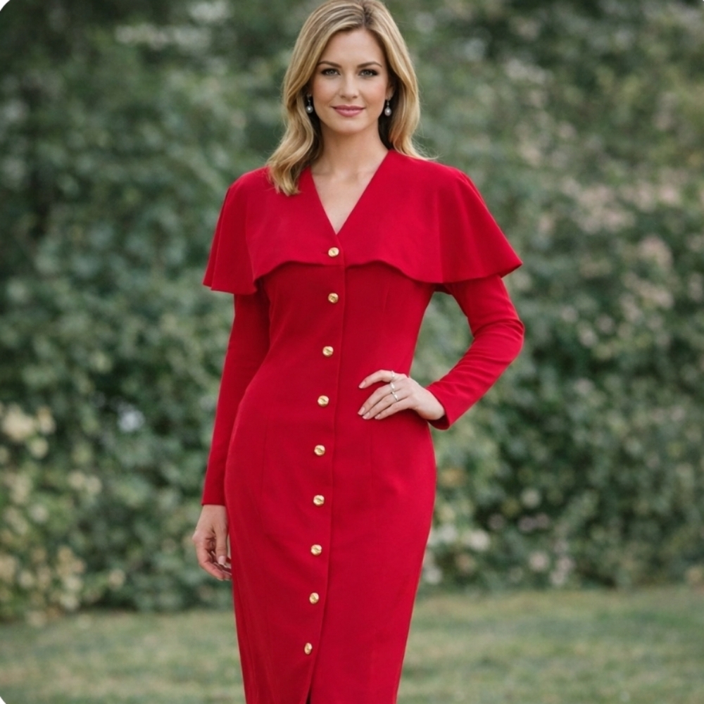 Algo | Vintage 70s Red Dress Gold Button  Cape Dress